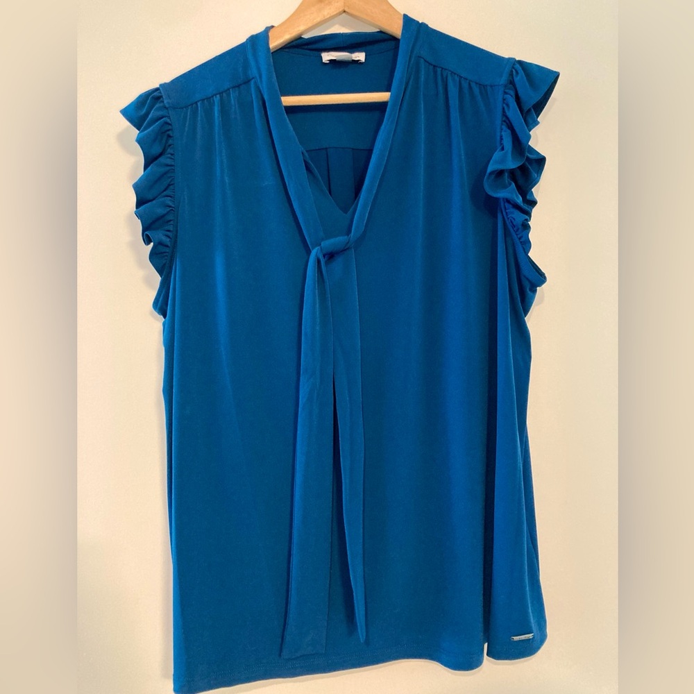 Calvin Klein Teal Sleeveless Tie-Neck Ruffle Blouse